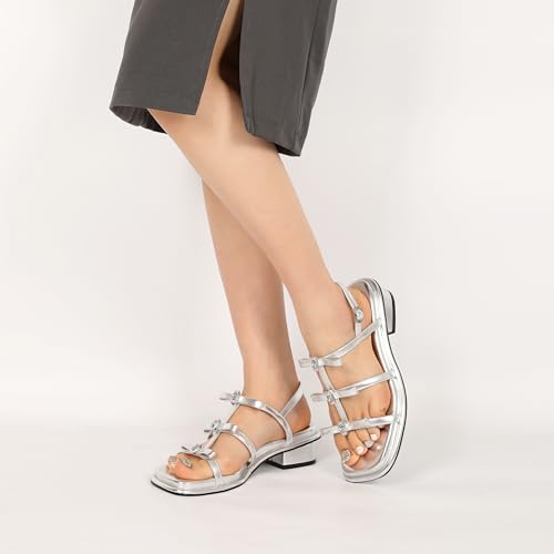 Womens Chunky Block Low Heel Sandals Square Toe Heels Strappy Summer Heeled Sandals Elastic Rhinestone Bow Sandals Cute Casual