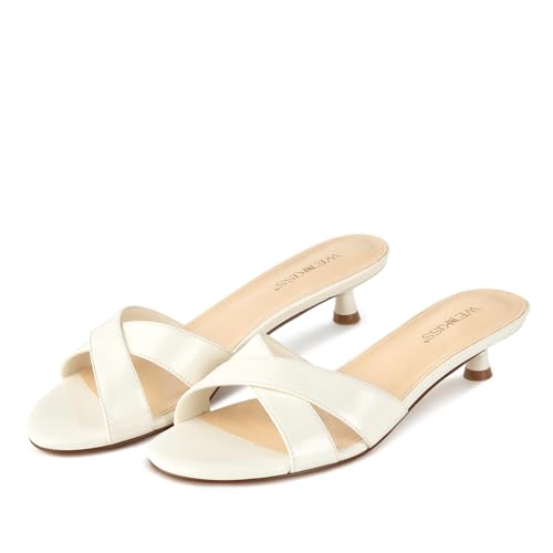 Womens Heeled Sandals Open Round Toe Slip on Kitten Heel Mules Low Heel Slide Sandals for Women Cross Strap Backless Mule Flats