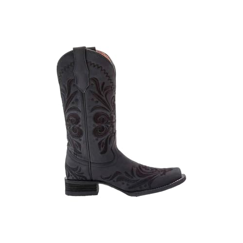31OHA7wvCL.jpg Women's Leather Cowgirl Embroidered Square Toe Boot Pull-on Comfortable Fit Western Style