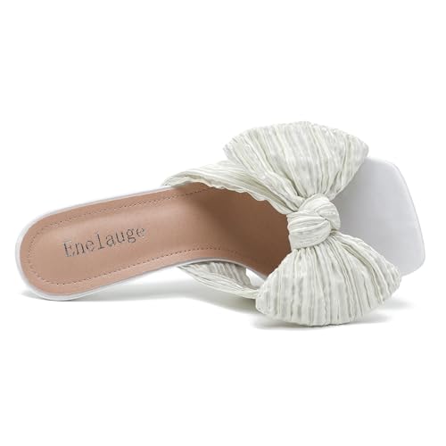 Women's Bow Knot Heeled Sandals Open Toe Low Kitten Heels Mules Sandals Slip On Pleated Wedding Bridal Party Dress Shoes