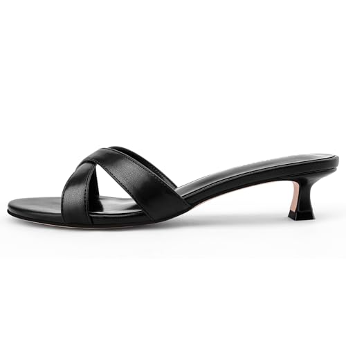 Womens Kitten Heels Low Heeled Sandals for Women Round Slip On Slides Cross Strap Open Toe Sandals