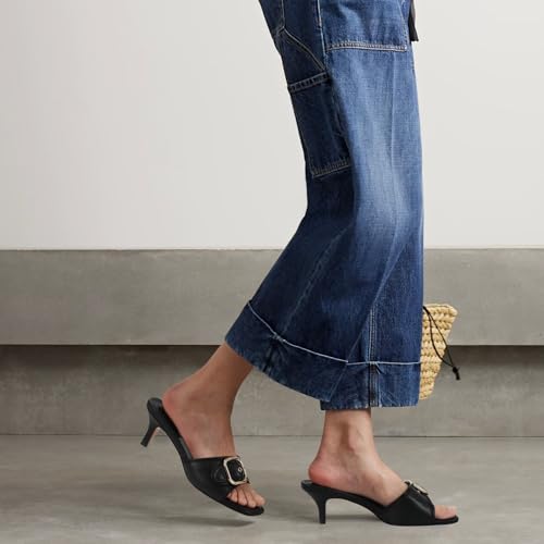 Black Kitten Heel Sandals Stiletto Low Heels Slip On Slides Mule Sandal Square Open Toe Dress Shoes for Women