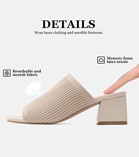 Knit Heeled Sandals for Women Square Open Toe Mules Block Low Heel Slip On Slides