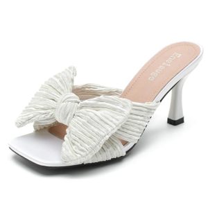 Women's Bow Knot Heeled Sandals Open Toe Low Kitten Heels Mules Sandals Slip On Pleated Wedding Bridal Party Dress Shoes