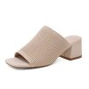 Knit Heeled Sandals for Women Square Open Toe Mules Block Low Heel Slip On Slides
