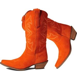 Cowboy Boots Women Embroidered Mid Calf Western Boots Stacked Low Heel Pointed Toe Pull On Cowgirl Boot 4-11 M US