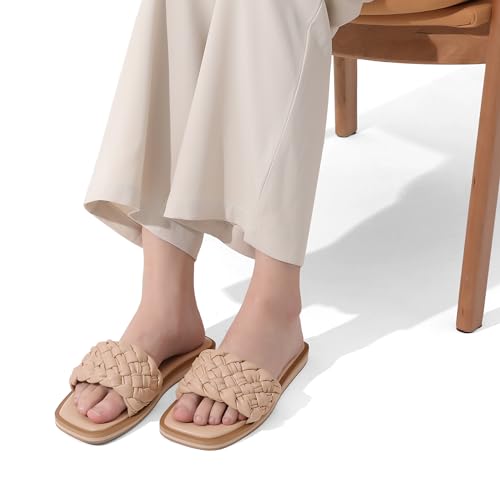 41Qf58O3NHL.jpg Women's Square Open Toe Slide Sandals Cute Slip on Braided Slides Flat Sandals for Summer