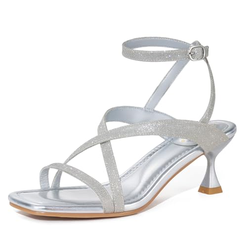 Women's Low Kitten Heels Sandals Dressy Strappy Heeled Sandals Open Square Toe Ankle Strap Summer Dress Party Shoes 2.4 Inch
