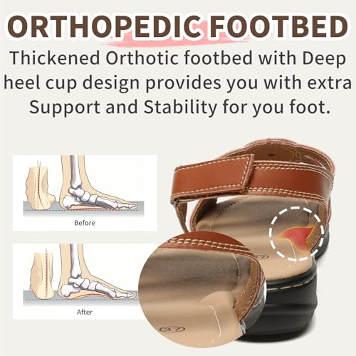 Womens Sandals Flats Comfort Leather Walking Orthopedic Sandals Casual Summer Shoes with Arch Support for Dressy Beach Hiking