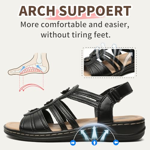 Womens Sandals Flats Comfort Leather Walking Orthopedic Sandals Casual Summer Shoes with Arch Support for Dressy Beach Hiking