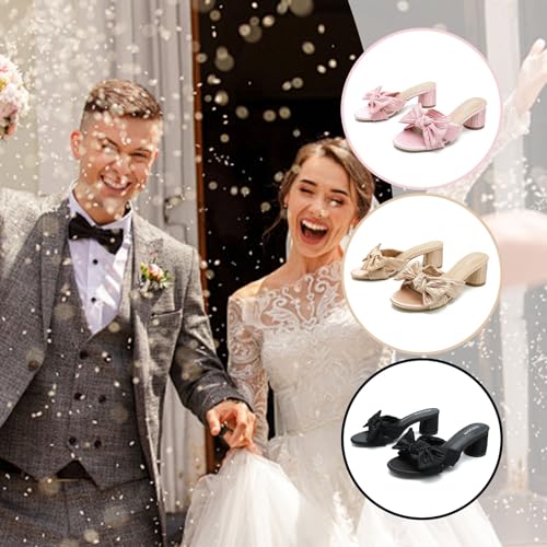 Women's Bowknot Low Chunky Heels Mules Sandals Slip on Pleated Bow Heels Wedding Bridal Party Dress Shoes